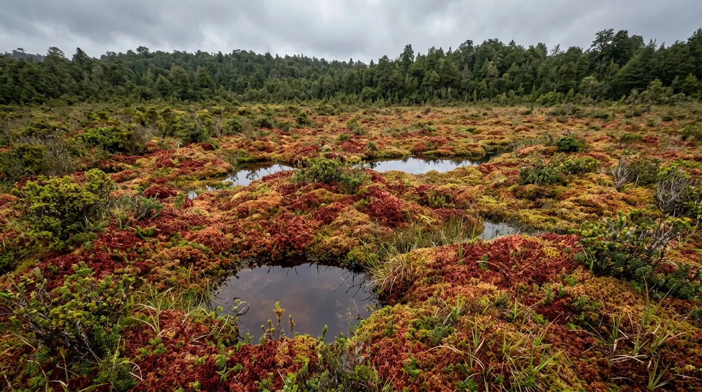 Bog in southern Chile covered in red, ochre and green sphagnum moss, with pools of water and forest behind