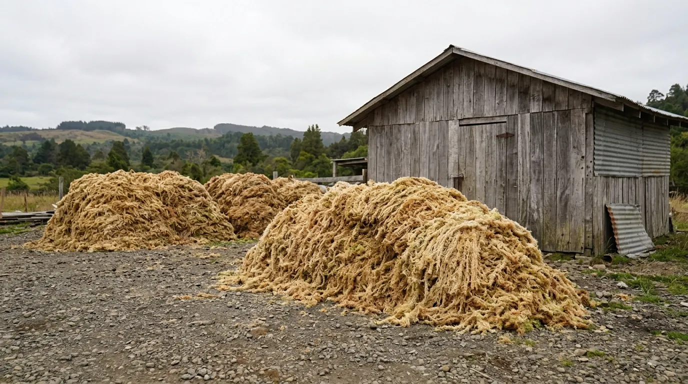 Piles of dried sphagnum moss beside a wooden shed