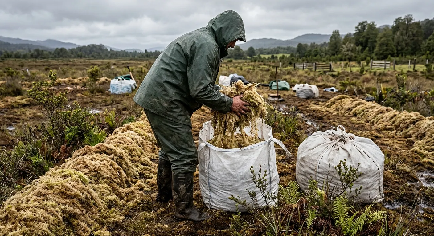 Trabajador con ropa de agua llenando sacos con musgo seco en el campo