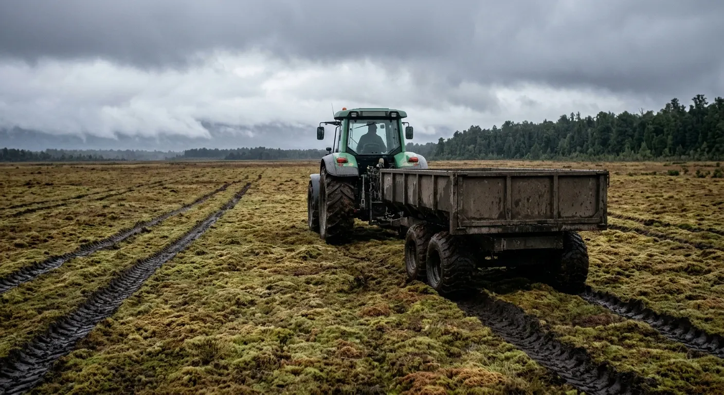 Tractor pulling a trailer across the moss field under low clouds