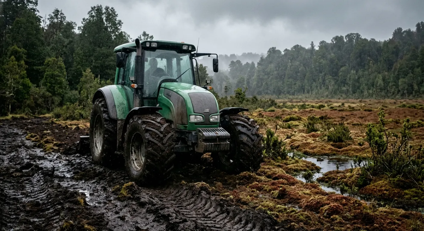 Green tractor working on wet ground beside the moss bog